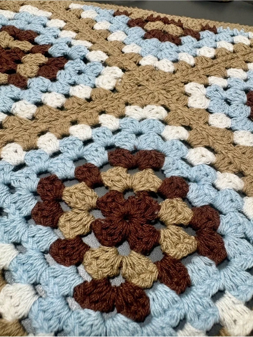 Crochet Triangle Bandana Scarf in Tan, Light Blue & Brown